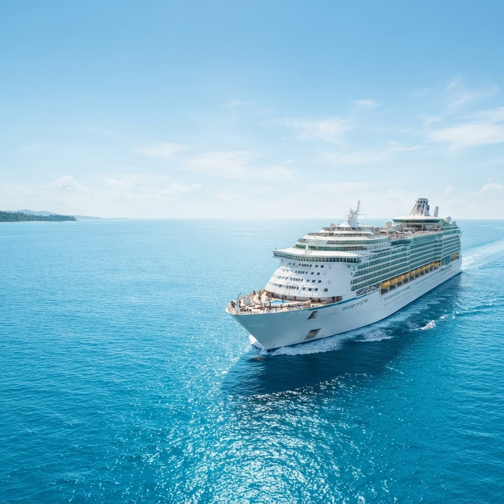 Illustration of a cruise ship sailing on turquoise water