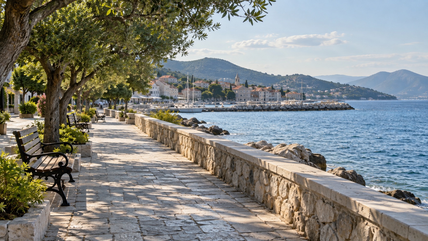 Illustrative waterfront promenade for a day exploring ashore